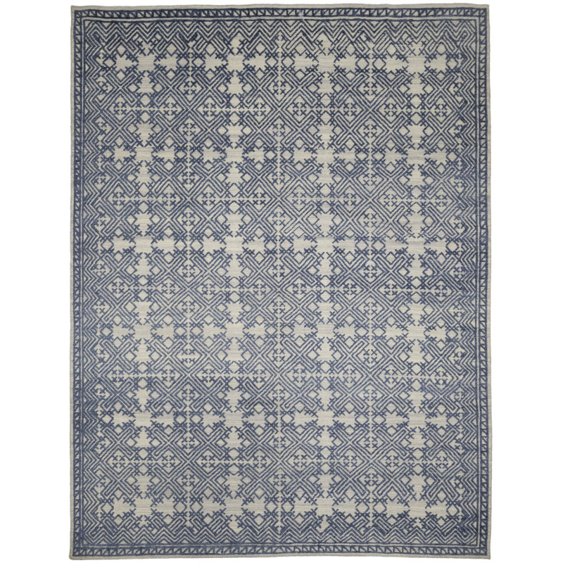 Tapis oriental moderne bleu et crème 9 x 12