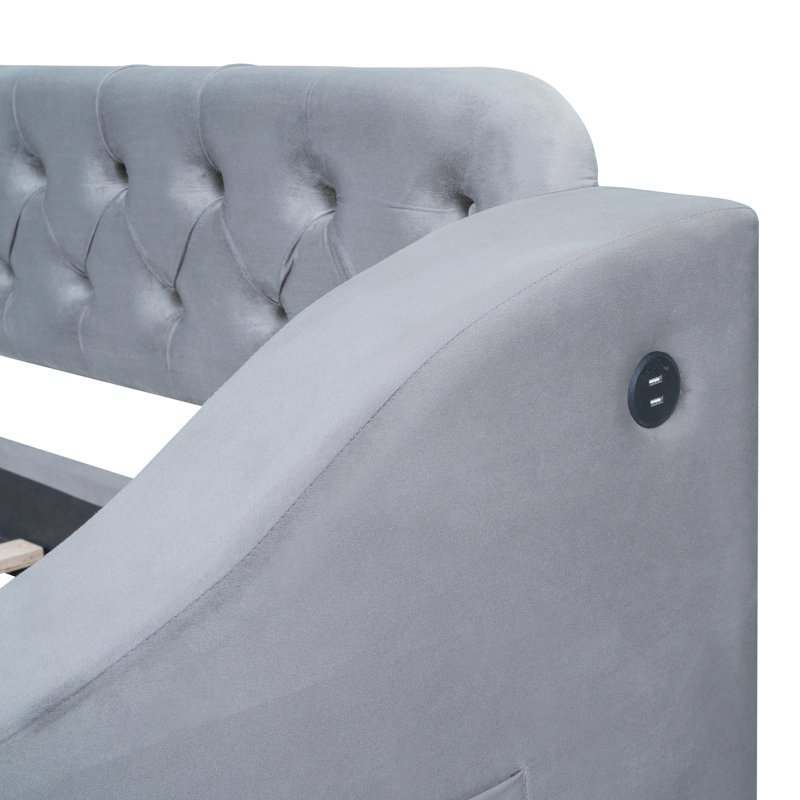 Lit de jour gris rembourré avec rangement pour accoudoirs et option de couchage élégante, Gris