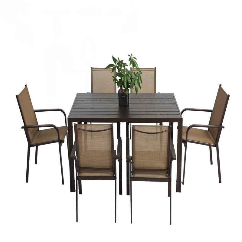 Ensemble de salle à manger 7 pièces pour patio, mobilier d'extérieur avec table rectangulaire et 6 chaises empilables en textilène pour le jardin, la cour et la terrasse - Brun