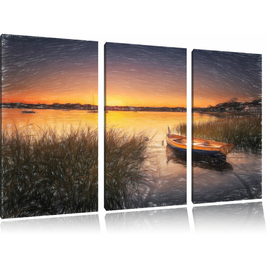 3-tlg. Leinwandbilder-Set „Segelschiffe an der Küste im Sonnenuntergang“, Grafikdruck