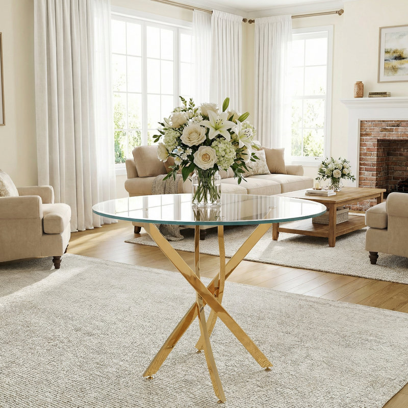 Godwin Pedestal Dining Table,Round Clear Dining Tempered Glass Table with Chrome Legs,dining room table,dining tables,Round Top Shape,dinning table,dining room table