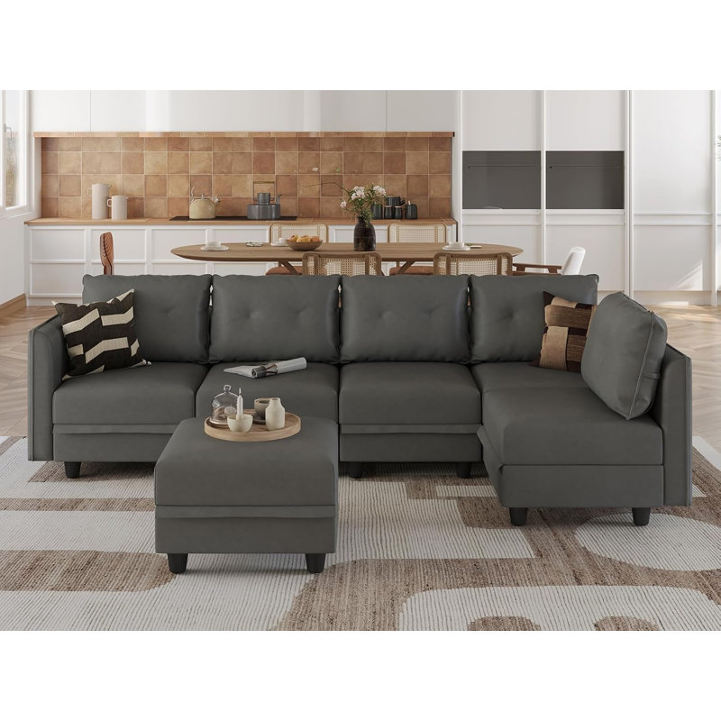 Tomario 6- Piece Upholstered L-Shaped Modular Sectional With Storage, Gray Polyester