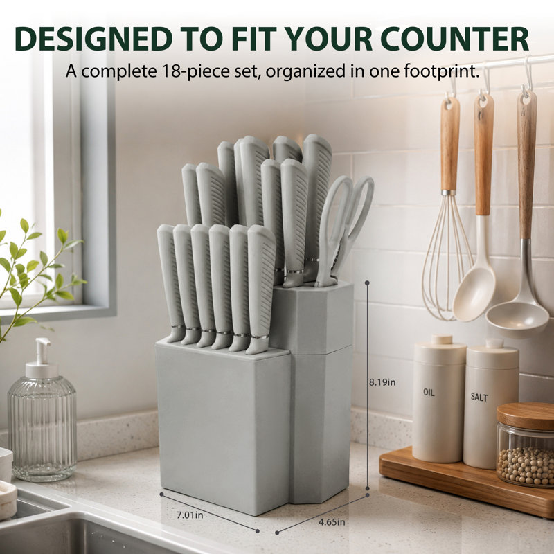 Ensemble de 18 couteaux HEESEM en acier inoxydable avec bloc en plastique, manches ergonomiques et ciseaux de cuisine, gris