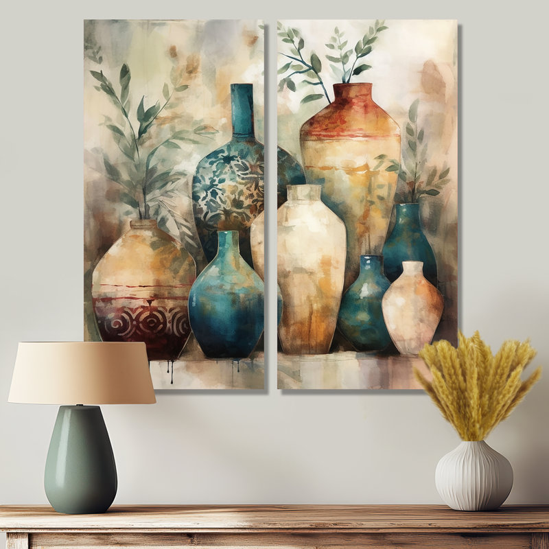 Art mural sur toile traditionnel vert et orange Boho Pottery I, H 32 po x l 32 po, Toile tendue, Ne s’applique pas