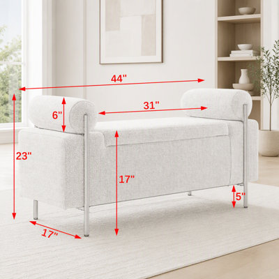 Banc de rangement en velours avec accoudoirs cylindriques et pieds en fer