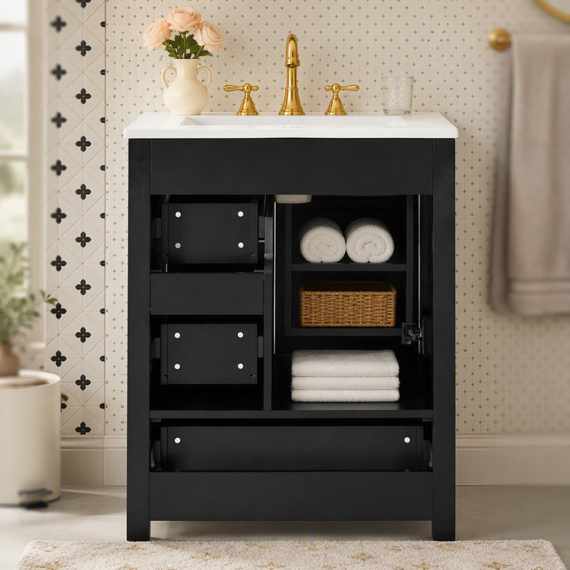 Meuble-lavabo moderne de 24 po avec lavabo en céramique, porte à fermeture en douceur, tablette de porte à double couche et 3 tiroirs