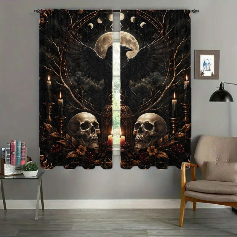 2 pièces de rideaux de corbeau et de crâne gothique, rideaux de fenêtre d'art fantaisiste foncé pour la cuisine du salon, poche de tringle filtrant la lumière