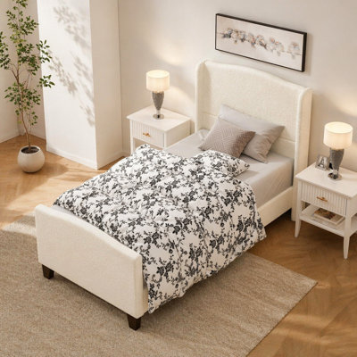 Structure de lit simple avec tête de lit tapissier à dossier haut de 49,21 po et pied de lit de 27,17 po de hauteur, velours en peluche, support à 12 lattes, pieds en bois massif, aucun sommier tapissier requis (beige)