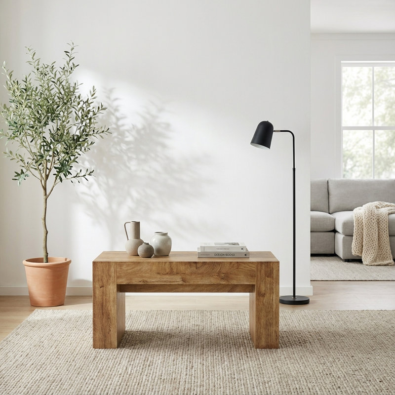 Rustic Farmhouse Rectangle Coffee Table with Hidden Storage Drawer, Solid Wood Center Table