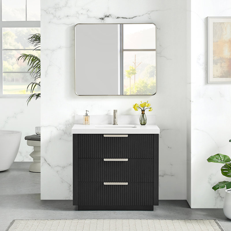 Santarem 36" Free-standing Single Bath Vanity in Oak Weathered Black with White Quartz Stone Top, 36"