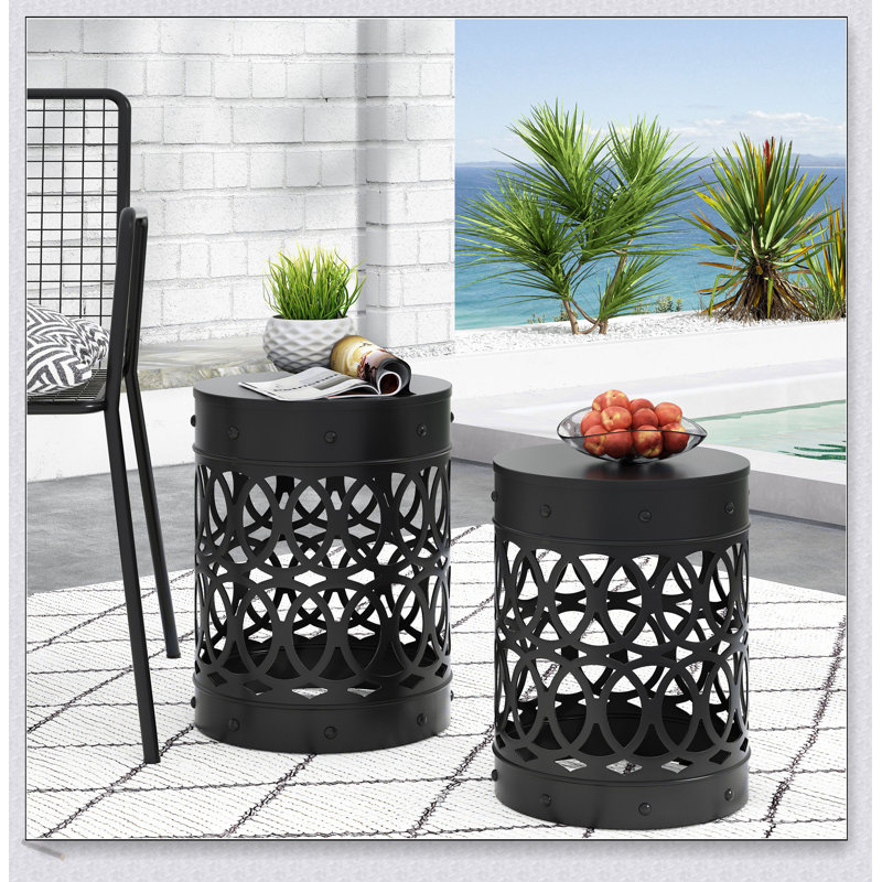Whimsical Outdoor Metal Side Table Set With Hand-Painted Design And Durable Iron Construction For Versatile Use, Noir