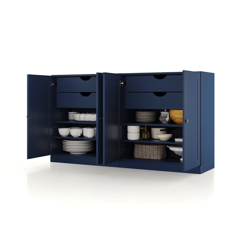 Buffet 100% bois massif 64 po avec portes Shaker, 4 tiroirs et tablettes réglables, Marine