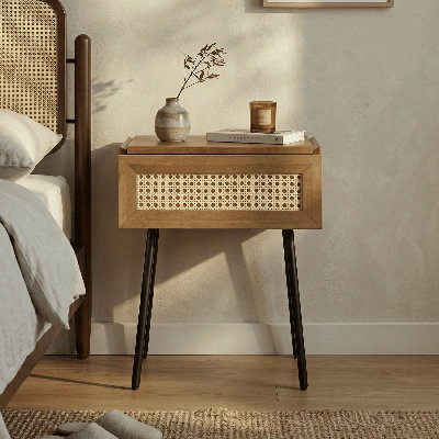  Lulu Solid Wood Nightstand with Natural Rattan Drawer