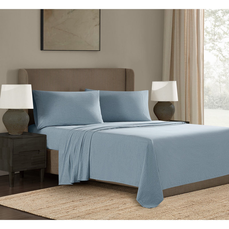 Ensemble de draps Frye, Bleu, Ensemble de draps pour grand lit avec 2 taies d'or