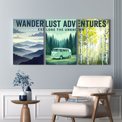 Ensemble de 3 toiles murales Wanderlust Adventures, représentant une forêt de montagne et un bouleau, pour la décoration du salon, de la chambre ou du bureau.