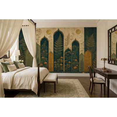 Fresque murale de jardin moghol, arches botaniques émeraude, art mural floral antique