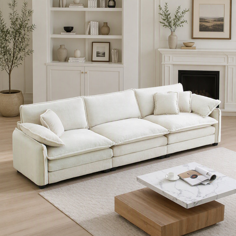 Canapé modulaire Mid-Century 3 places avec 2 accoudoirs et 3 coussins décoratifs, tissu en velours côtelé beige