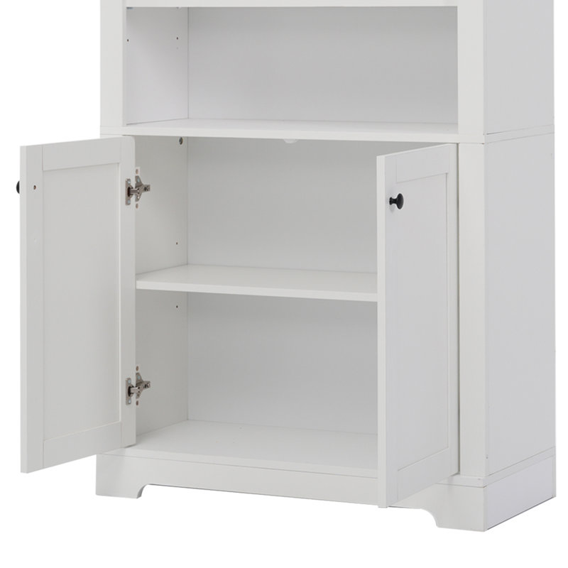 Bibliothèque haute à 4 niveaux avec éclairage DEL, portes et étagères ouvertes réglables, meuble de rangement blanc moderne pour salon et bureau à domicile