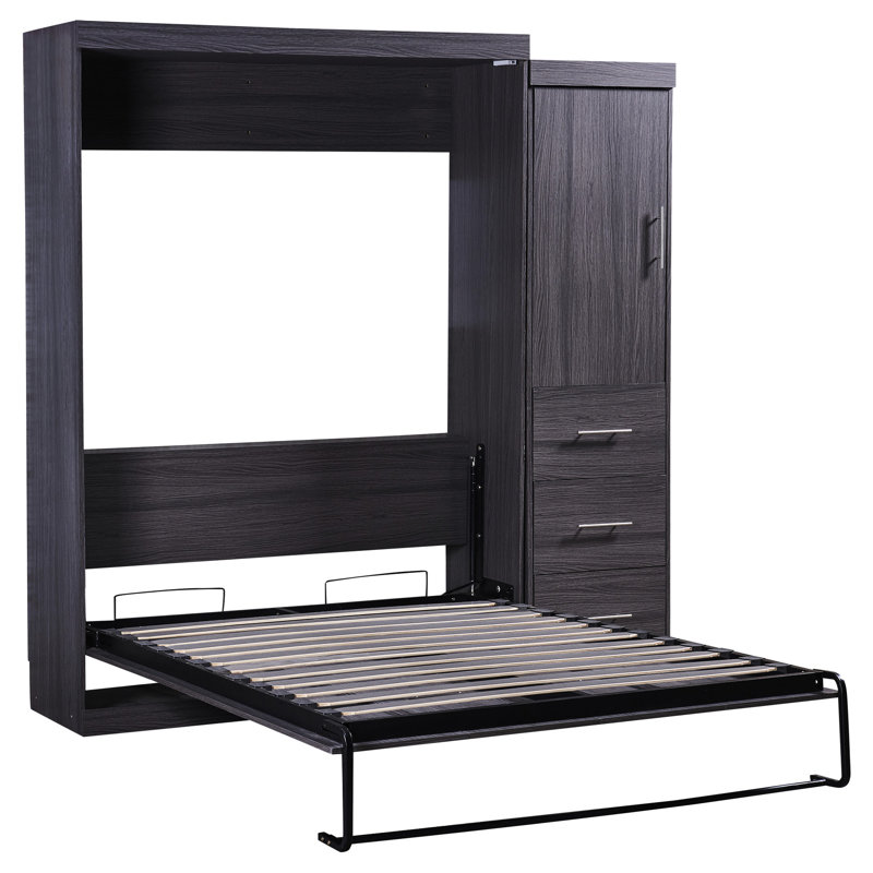 Lit avec garde-robe et tiroir - gris, se plie dans l'armoire pour optimiser l'espace, Lit double