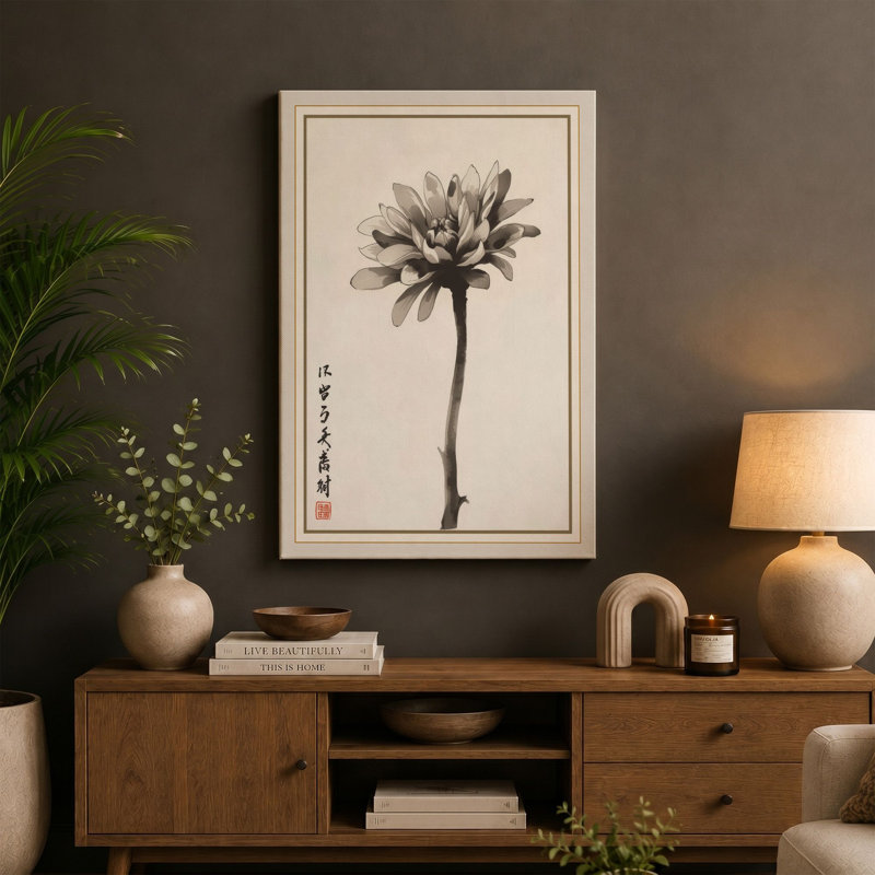 Single Stem in Ink Japandi - Wrapped Canvas, 36x24 - 91.4 x 61.0 cm, Taupe Border