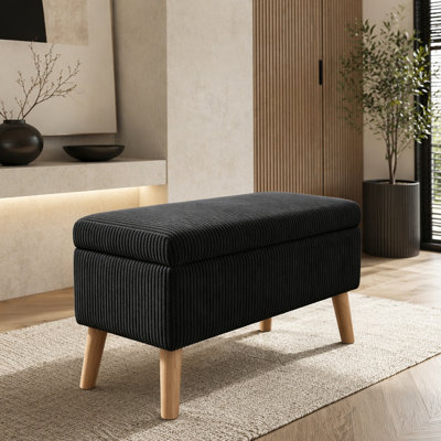 Banc de rangement en velours côtelé de 32 pouces de large avec pieds en bois et olive