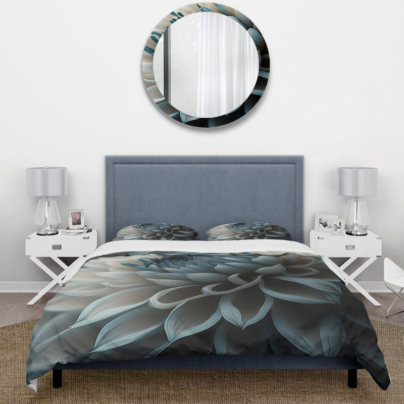 Ensemble de housse de couette en microfibre / polyester bleu et blanc Dahlia Flowers II Bedding