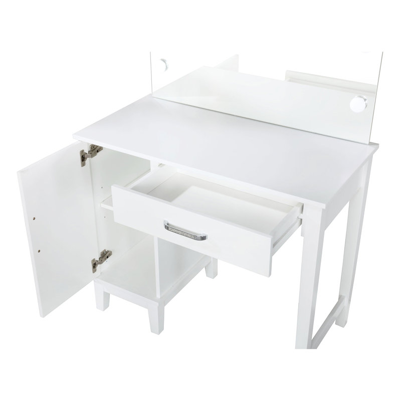 Vanity In White And Dark Grey With Lighting, Stool, Drawer Concealed Side Cabinet, 36 Inches Wide, 19 Deep, 53.19 Tall