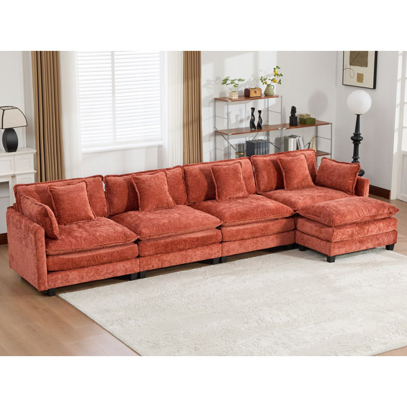 Schmucker L Shaped Modular Sectional Sofa, Oversized Cloud Couch With Ottoman, Orange Chenille, 33" H x 149.6" W x 35" D