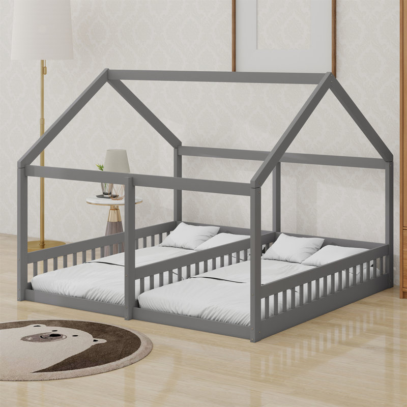 Lit plateforme House, deux lits partagés, Gris