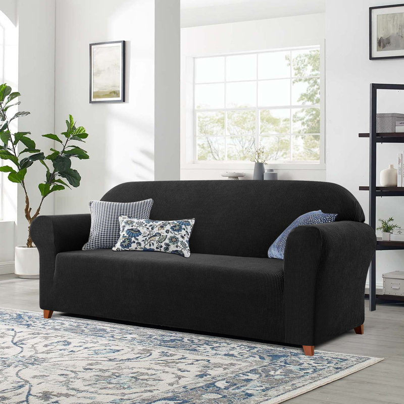 Soft Spandex Stretch Box Cushion Sofa Slipcover, Black, 105cm H x 300cm W x 107cm D