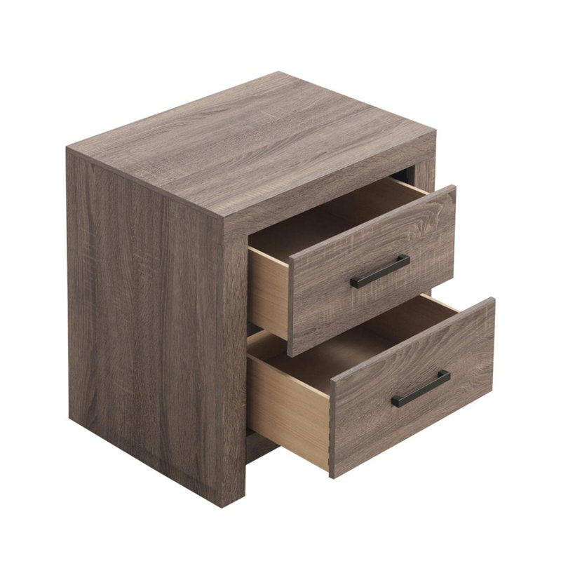 Table de chevet 2 tiroirs en chêne avec panneau de particules brun et plateau en bois d'ingénierie