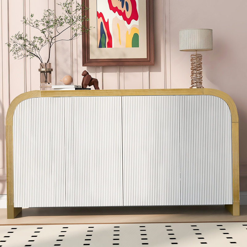 4-Door Curved Corner Design Wavy Door Panel  Cabinet With Adjustable Shelves, Natural/White