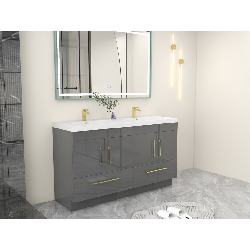 Meuble-lavabo double autoportant Carliss, Gris lustré