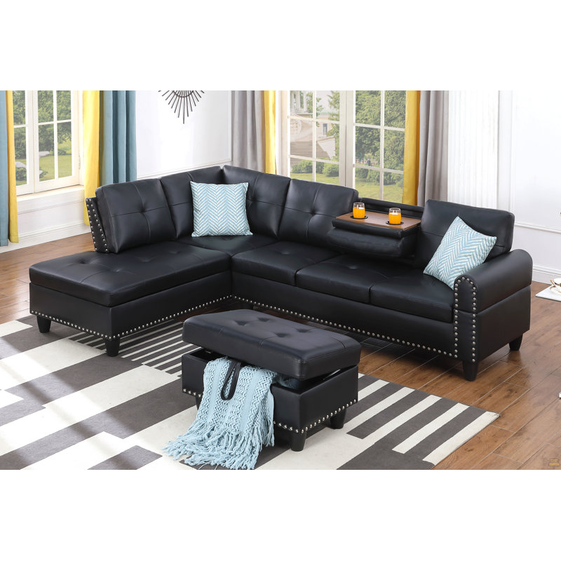 Canapé modulaire en L noir avec rangement et porte-gobelets