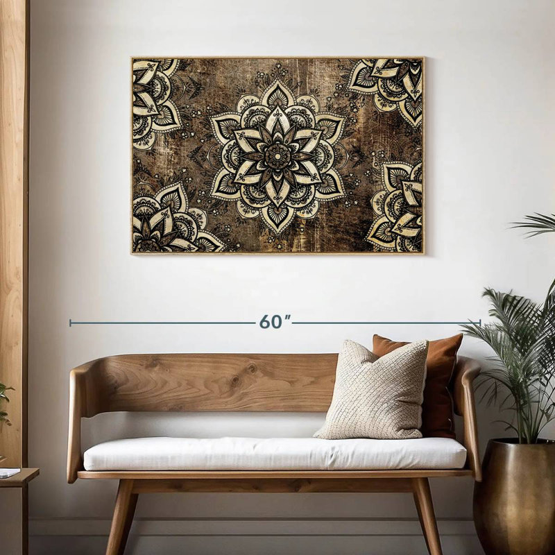 Floral Geometric Mandalas, Floating Frame Natural Wood, 43" X 29"