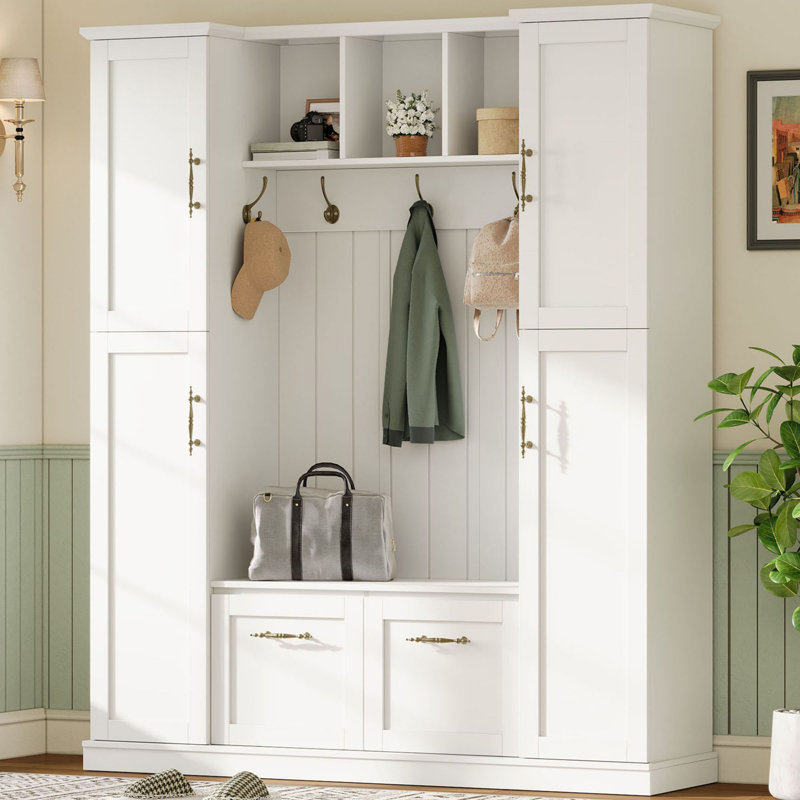 Hall Tree 60'' Wide With Bench And Shoe Storage, White