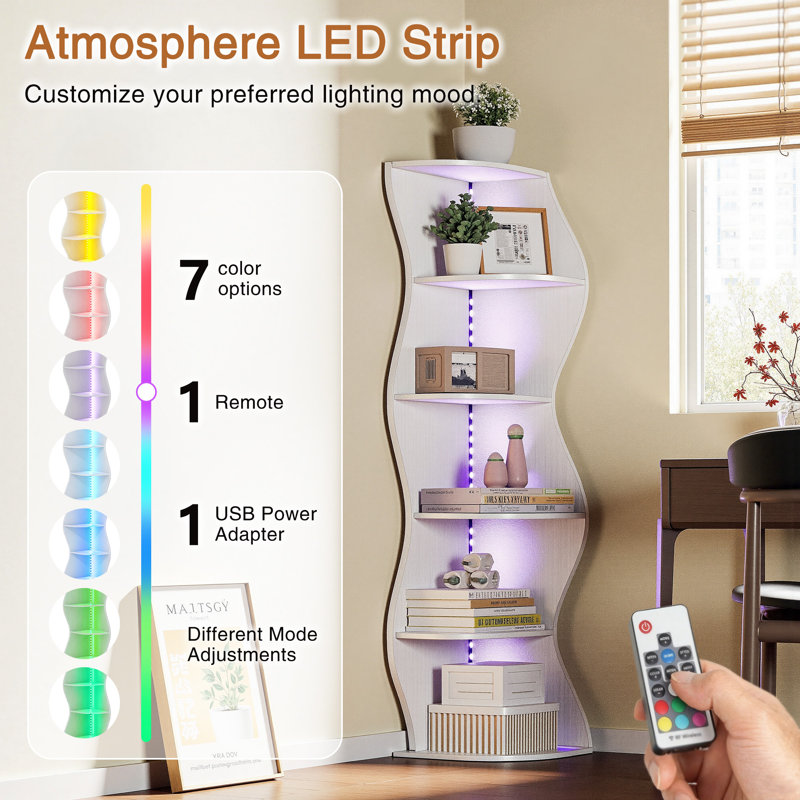 Modern LED Corner Bookshelf With Remote, 5 Tier Lighted Display Shelf, RGB 7 Color Floor Standing Bookcase Storage Rack