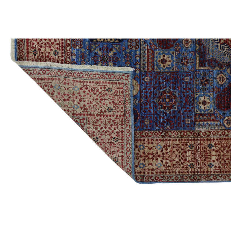 Hand Knotted Wool Area Rug in Blue And Beige, Rectangle 4'11" x 6'7"