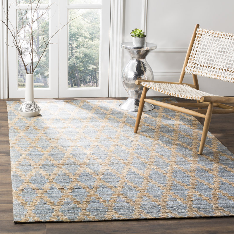 Montserrat Hand Woven Jute/Cotton Geometric Rug in Light Blue/Gold, Rectangle 4' x 6'