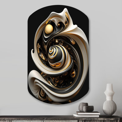 Liquide blanc vitrail V - spirale abstraite, art mural en métal pour le salon, impression d'art asymétrique en métal doré