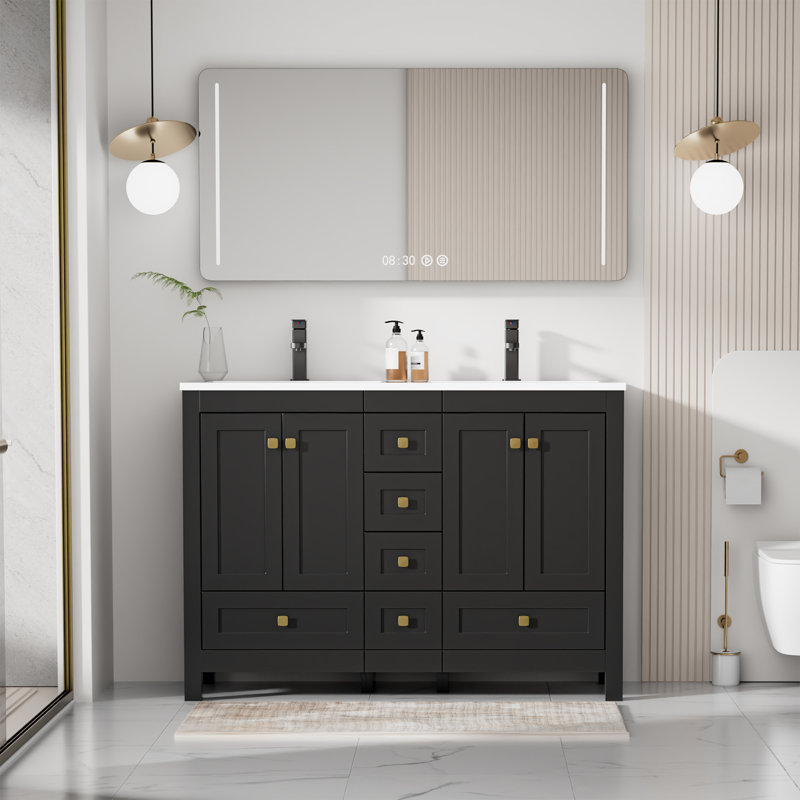 Meuble-lavabo double Wimer 48 po avec comptoir en résine, robinet et bonde, charnières de porte à fermeture amortie, peinture à la main résistante à l'eau, assemblage requis, certificat EPA