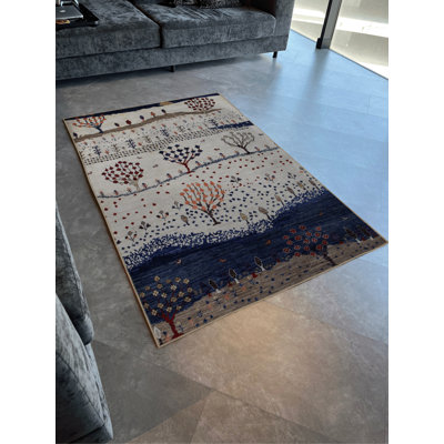 Blue Beige Themed Autumn Design Tree Patterned Creative Modern Decorative Carpet