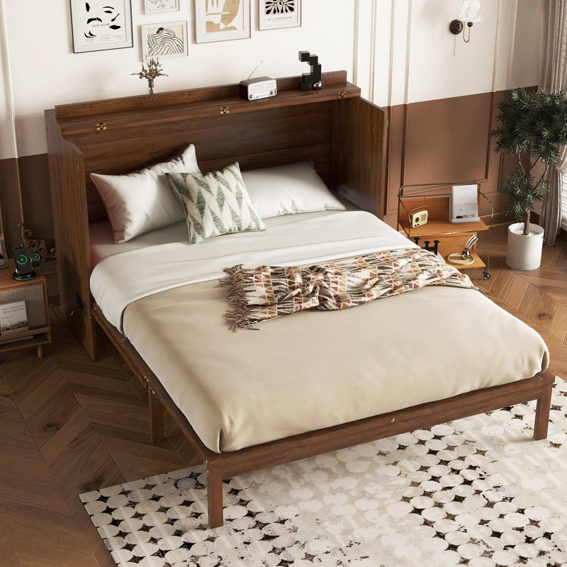 Armoire lit escamotable en rotin avec rangement Delas, Noyer