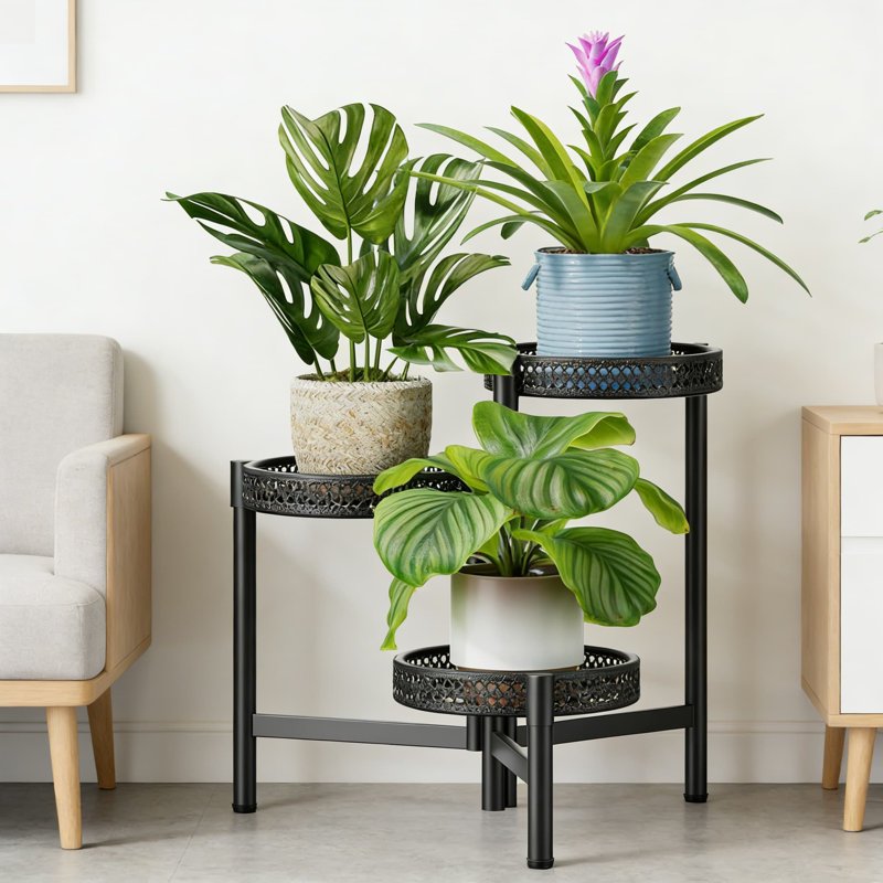Support pour plante à 3 niveaux en métal pour une utilisation intérieure et extérieure, tablette de coin pliante robuste pour plusieurs plantes, support à fleurs compact pour balcon de patio