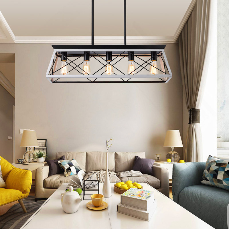 Lustre suspendu industriel noir et blanc de 32 po à 5 lumières, cage moderne en métal, luminaire suspendu réglable pour la salle à manger
