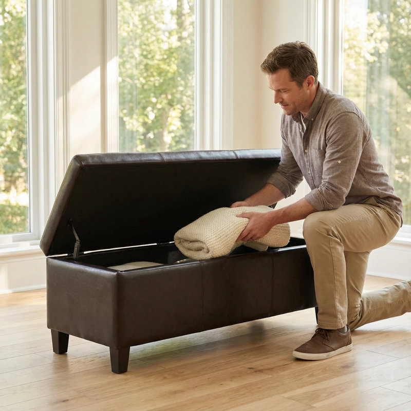 Banc de rangement contemporain avec repose-pieds rectangulaire en similicuir vegan brun patiné, parfait pour le salon et le vestibule