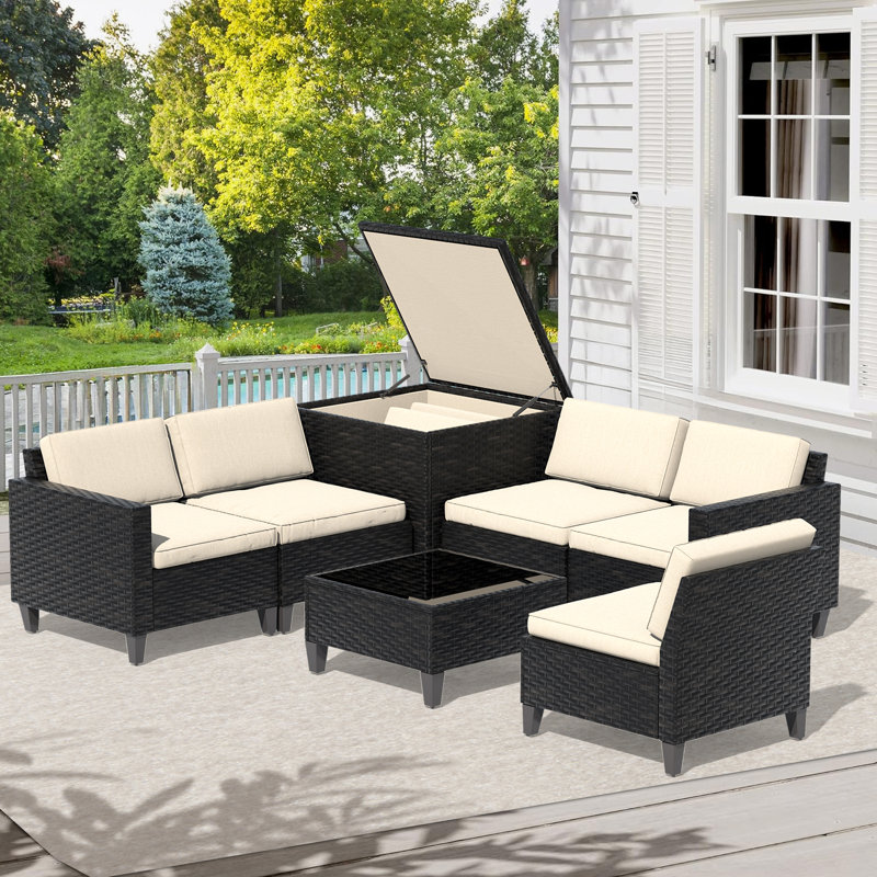 6/7-Piece Patio Furniture Set, Modular Sectional Sofa With Armchair/Storage Box, All-Weather Outdoor Couch With Cushions & Pillows And Coffee Table For Backyard, Deck