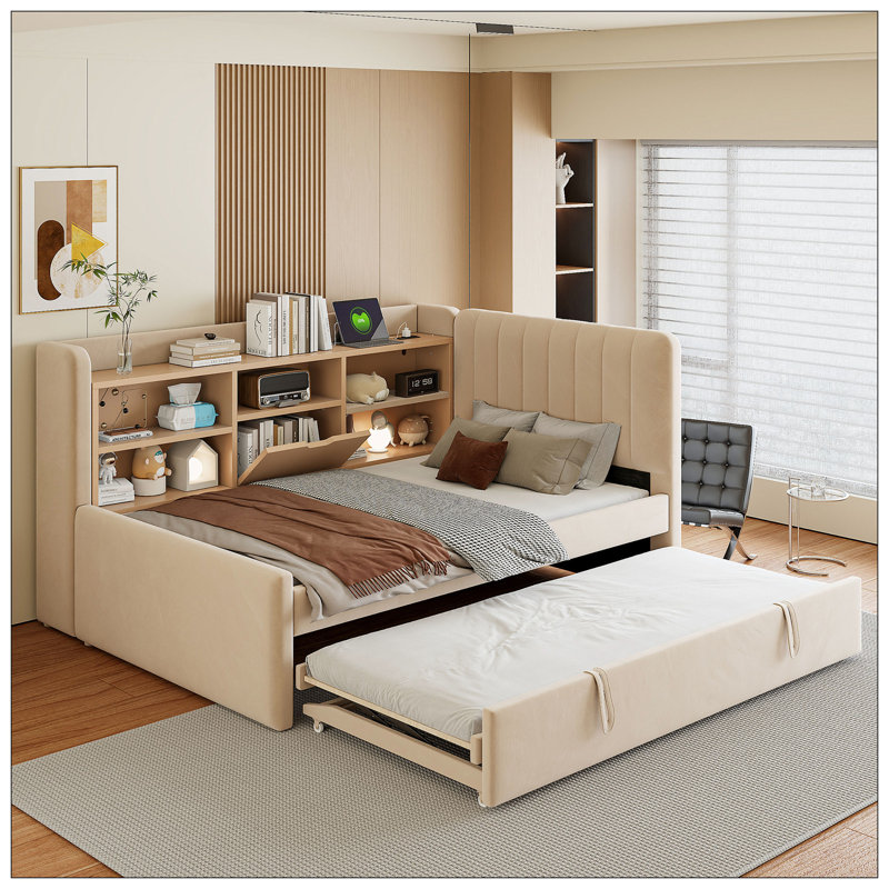 Lit de jour rembourré avec lit gigogne, tablettes de rangement, port USB et prise de courant pour la chambre à coucher, Beige