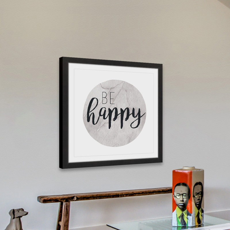 Reproduction d’art textuel sur papier encadrée « be happy » par Diana Alcala, H 32 po x l 32 po x P 1,5 po