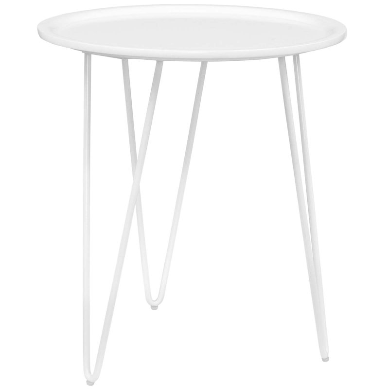 White Round Wood and Metal Hairpin Leg Side Table